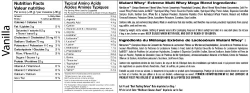 Chocolate-flavored Mutant Whey protein powder in a 2.27kg black and orange bag, featuring detailed nutritional information and ingredient list on the packaging.