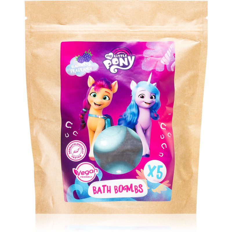 Colorful packaging featuring two My Little Pony characters, with a blue bath bomb visible, labeled "Vegan Friendly" and "Bath Bombs" with a count of 5 pieces.