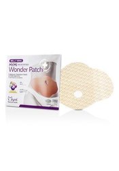 Five beige slimming patches in a honeycomb pattern, packaged in a white box with purple accents, featuring a circular cutout and a model's midsection illustration.