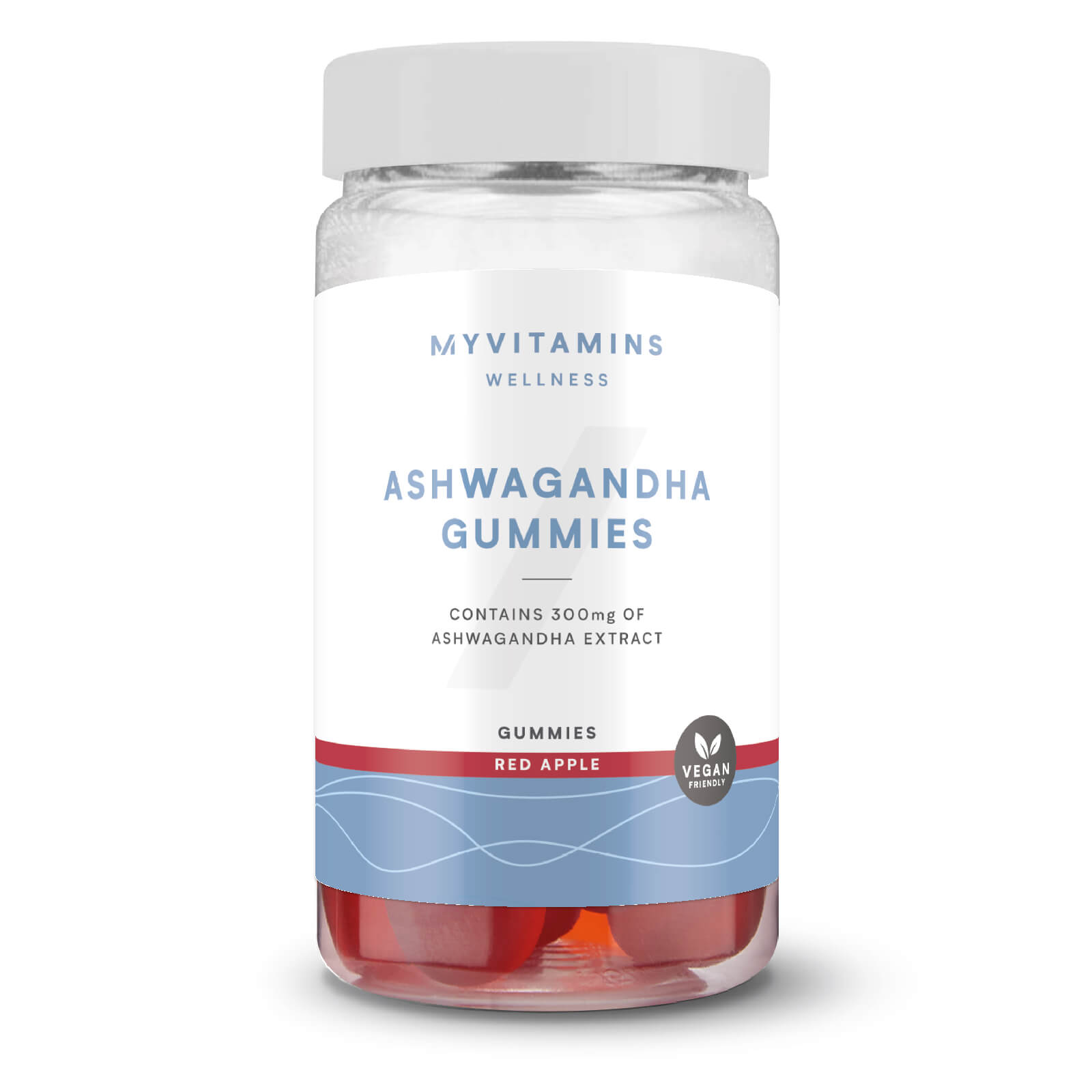 Clear plastic jar containing 60 red apple-flavored ashwagandha gummies, labeled with "Myvitamins" and "Vegan Friendly" in blue and white design.
