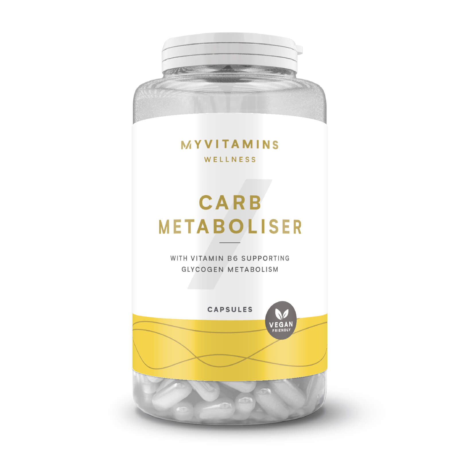 Clear plastic bottle containing 90 white capsules labeled "Carb Metaboliser" by Myvitamins, featuring a yellow and white design with vegan certification.