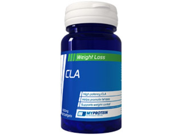Blue plastic bottle with a white cap, labeled "CLA Softgels - 180 Capsules" by Myvitamins, featuring green and white accents and nutritional information on the side.