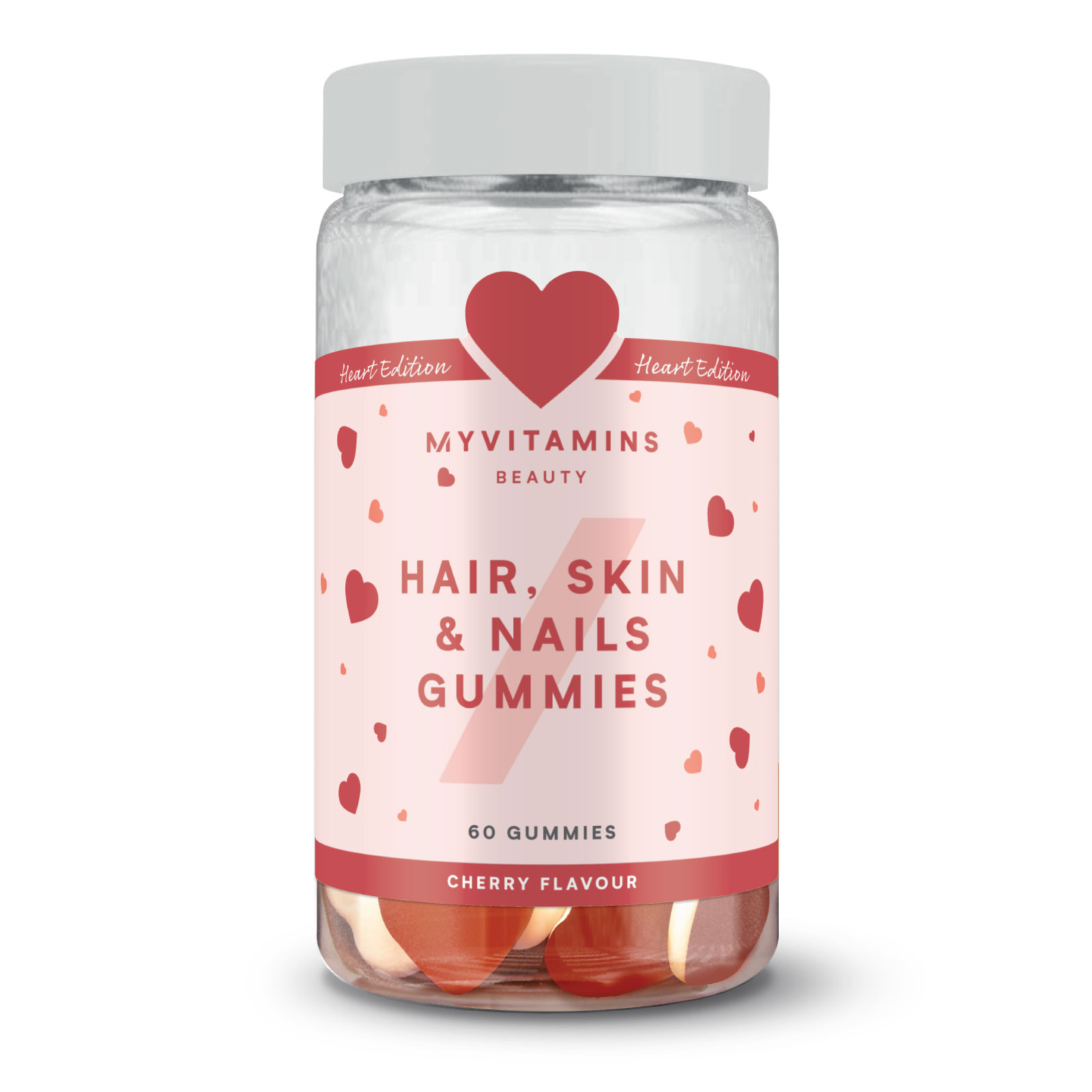 Clear jar with a pink label featuring hearts, containing 60 cherry-flavored gummies labeled "Hair, Skin & Nails Gummies" by Myvitamins.