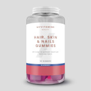 Clear plastic jar containing pink and purple gummies labeled "Hair, Skin & Nails Gummies" by Myvitamins, featuring a white and red label with blue accents.