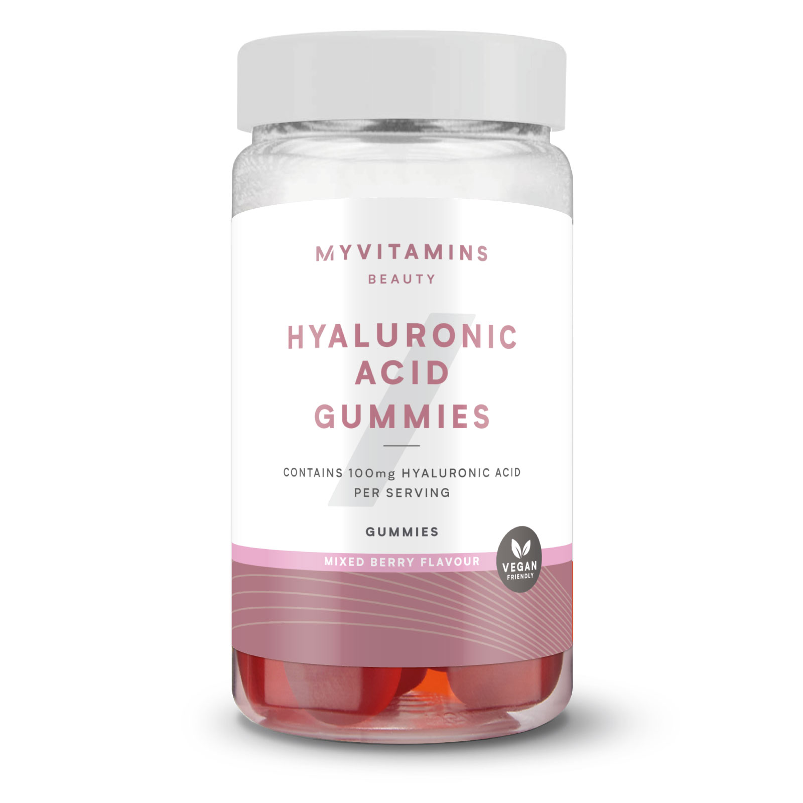 Clear plastic jar containing 60 pink and red mixed berry-flavored gummies, labeled "Hyaluronic Acid Gummies" with a vegan symbol and nutritional information on a white background.