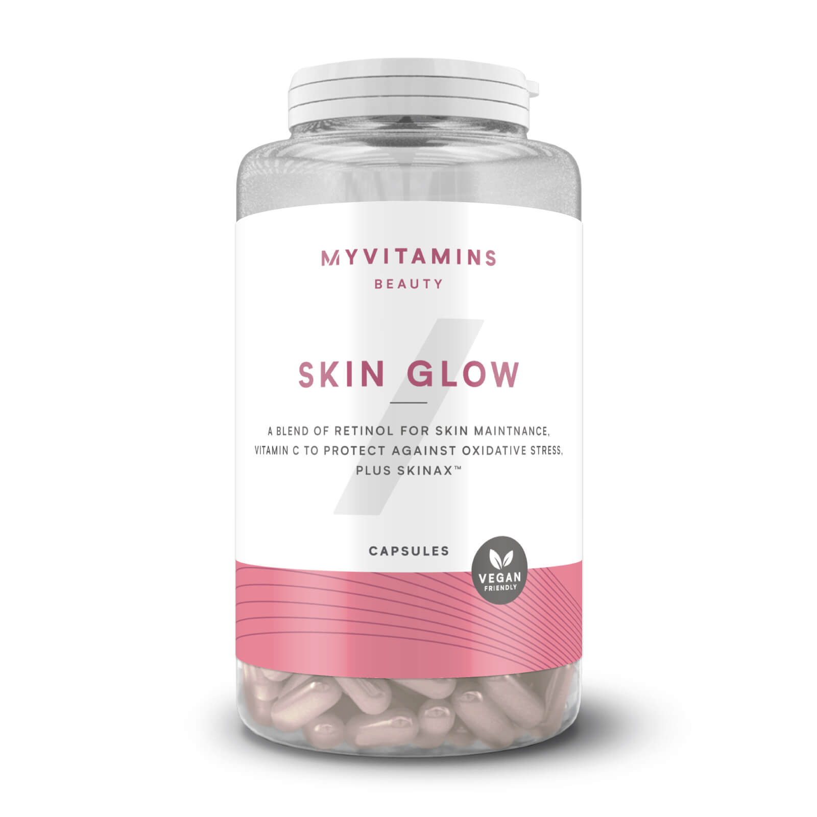 Clear plastic bottle containing 60 pink capsules labeled "Skin Glow" by Myvitamins, featuring a white and pink design with vegan certification and details about skin maintenance.