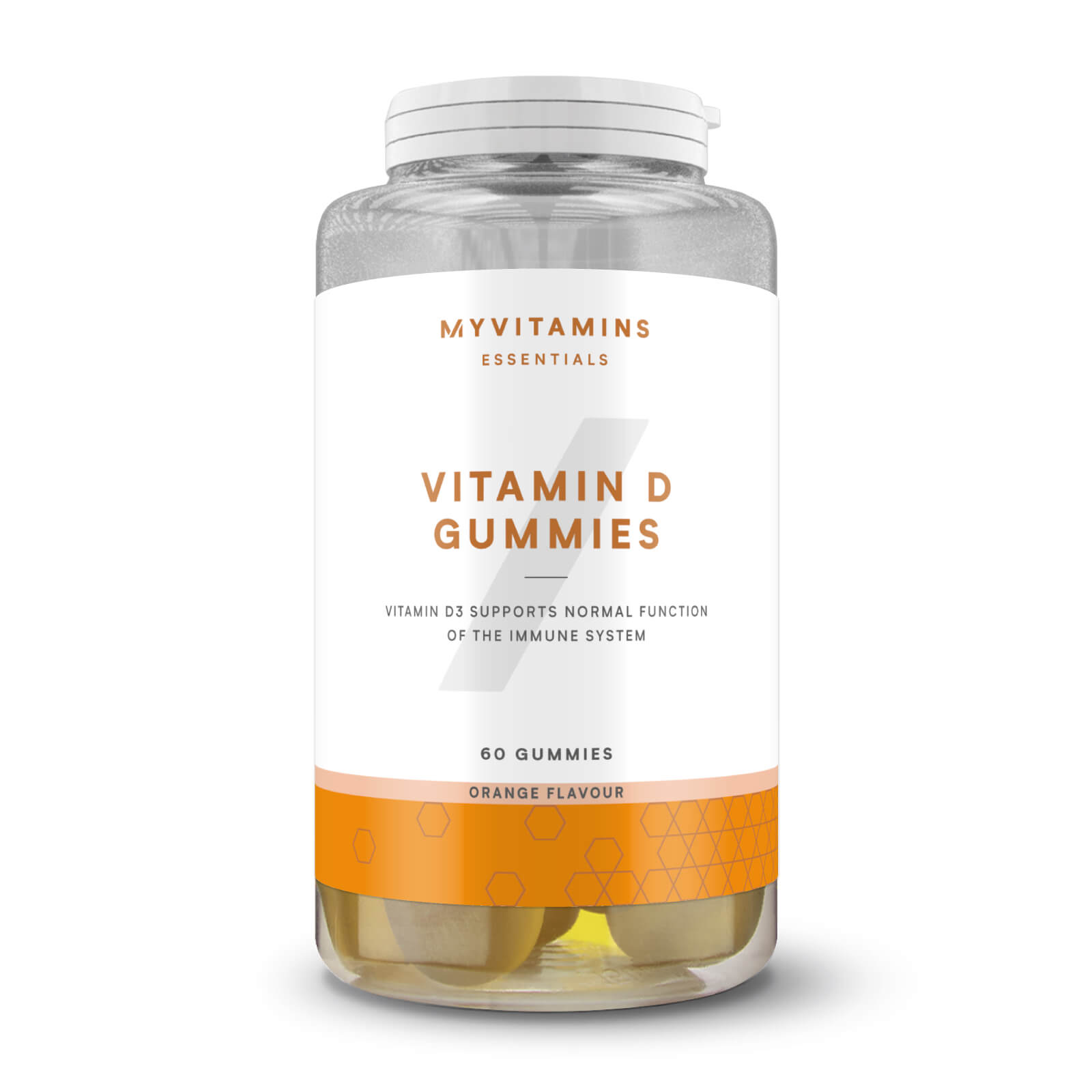 Clear plastic jar containing 60 orange-flavored Vitamin D gummies, labeled with "Myvitamins" and details about immune system support.