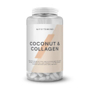 Clear plastic bottle containing 180 white capsules labeled "Coconut & Collagen" by Myvitamins, featuring a beige and white design with nutritional information on the side.