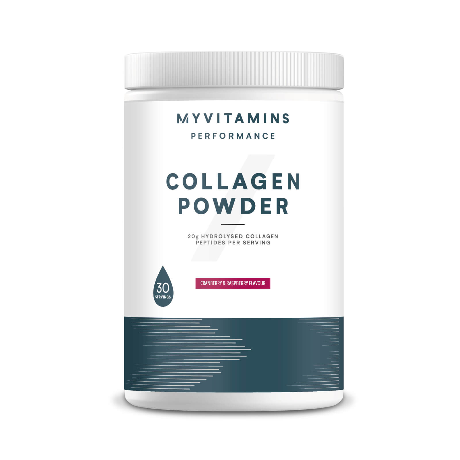 White container with a screw-top lid, labeled "Myvitamins Collagen Powder" in bold black text, featuring a teal band at the bottom and indicating a cranberry and raspberry flavor.