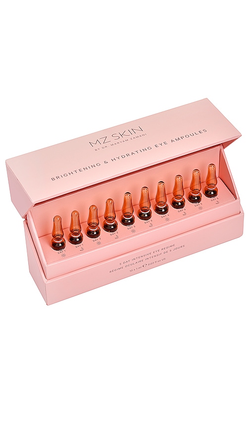 Ten amber glass ampoules in a sleek pink box labeled "Mz Skin Brightening & Hydrating Eye Ampoules," designed for women, with a total volume of 10 x 1ml.