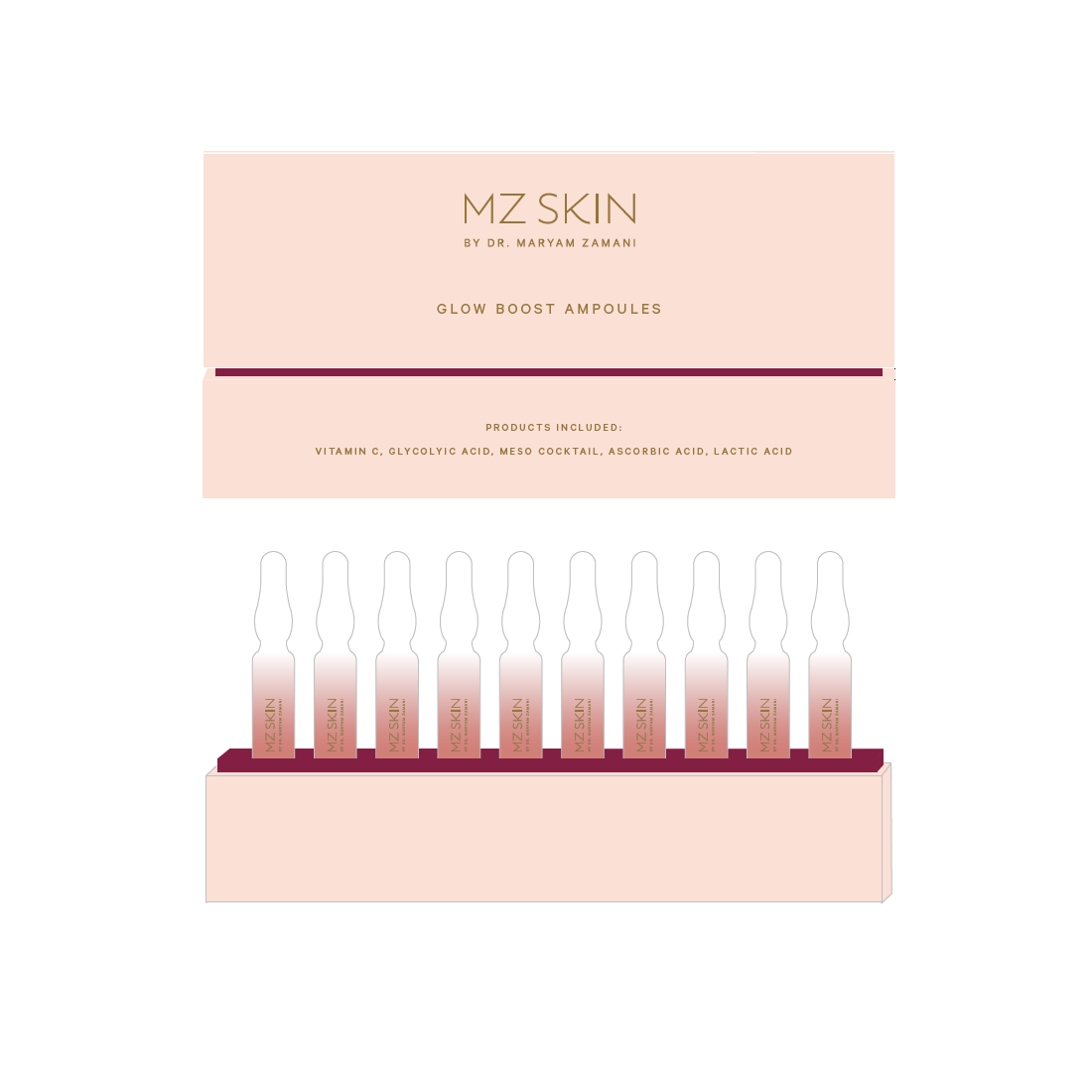 MZ Skin Glow Boost Ampoules in a pale pink box with a maroon base, featuring ten transparent glass ampoules, each containing a glowing serum for skin enhancement.