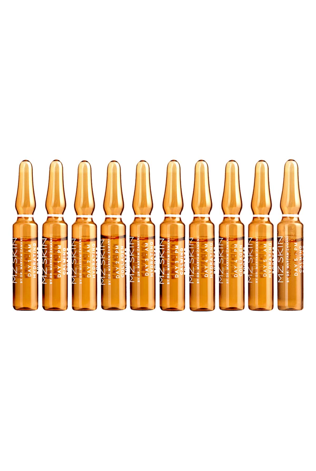 Ten amber glass ampoules neatly arranged, each labeled "MZ Skin Hydra-boost," showcasing a sleek design with a pointed top for easy opening.
