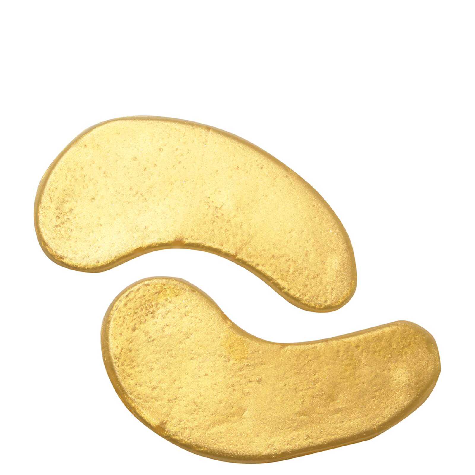 Two gold hydrogel eye masks with a smooth, shiny surface, designed to hydrate and brighten the under-eye area.