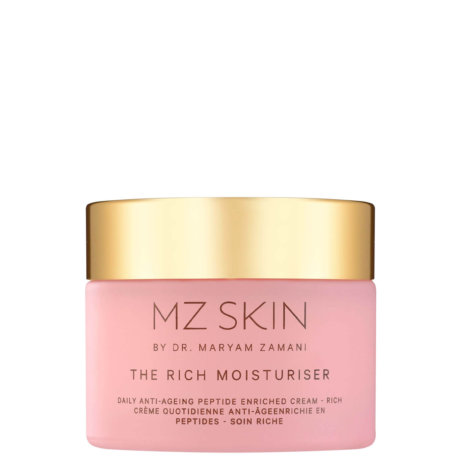 MZ SKIN Rich Moisturiser in a pink jar with a gold lid, labeled with elegant black text, featuring "THE RICH MOISTURISER" prominently displayed.