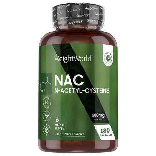 Brown plastic bottle with a black and green label, featuring "WeightWorld NAC N-Acetyl-Cysteine 600mg" text, 180 vegan capsules, and a 6-month supply indication.
