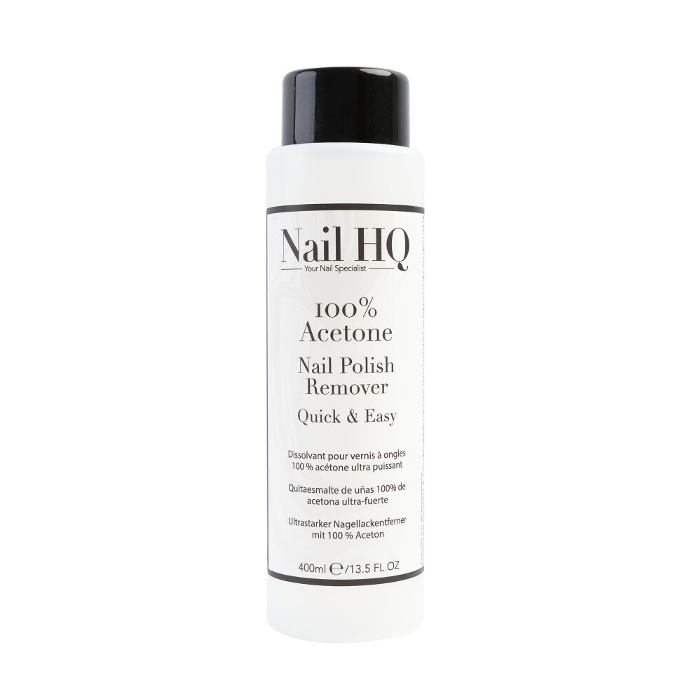 White plastic bottle of Nail HQ 100% Acetone Nail Polish Remover, 400 ml, featuring a black label with white text, highlighting "Quick & Easy" and usage instructions.