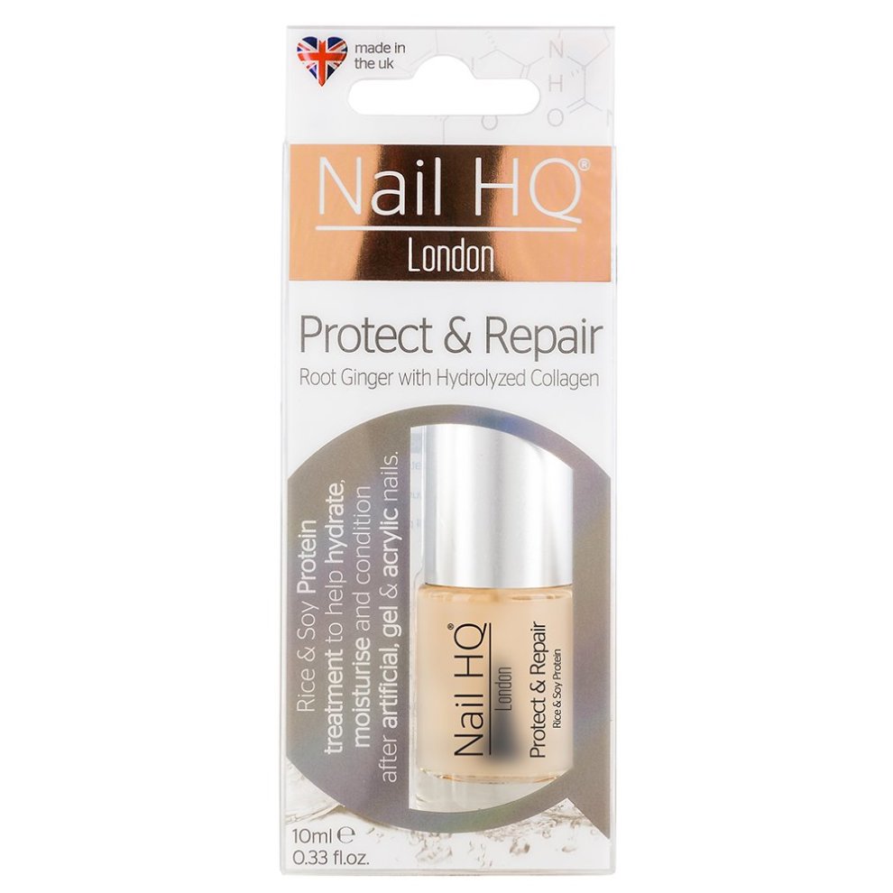 Nail HQ Protect & Repair treatment in a 10 ml clear bottle with a silver cap, featuring a beige label with red and black text, highlighting its nourishing properties for nails.