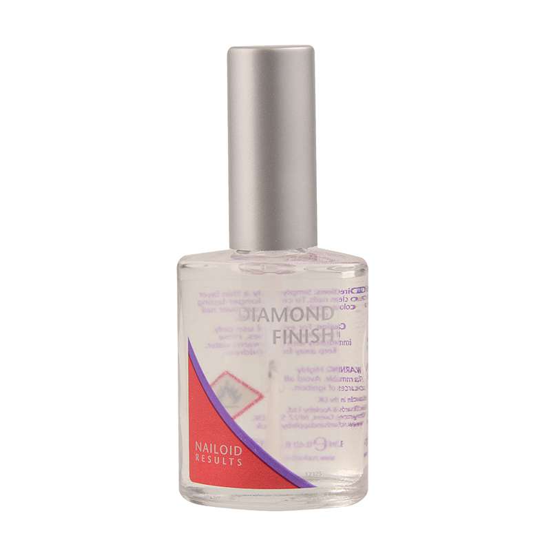 Clear glass bottle with a silver cap, labeled "DIAMOND FINISH" in bold letters, featuring a red and blue design, containing 12ml of top coat for nail protection and shine.