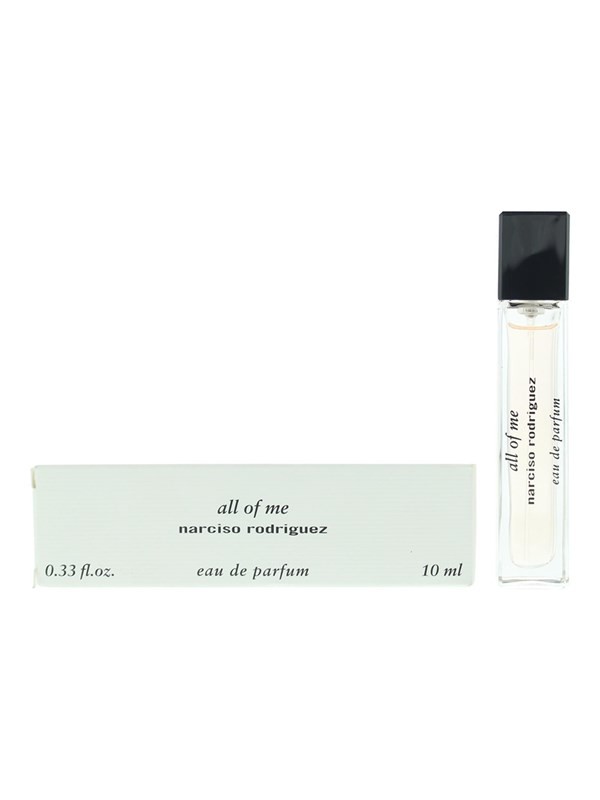 Clear glass 10 ml spray bottle with a black cap, accompanied by a light green box featuring the text "all of me" and "narciso rodriguez" in elegant font.