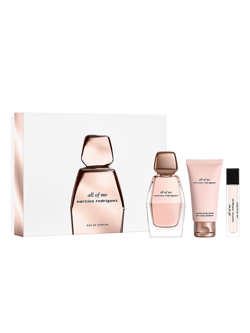 Narciso Rodriguez All of Me Eau De Parfum set featuring a 90ml glass bottle, a pink cream tube, and a travel-sized spray, all in a sleek, elegant box with a rose gold accent.