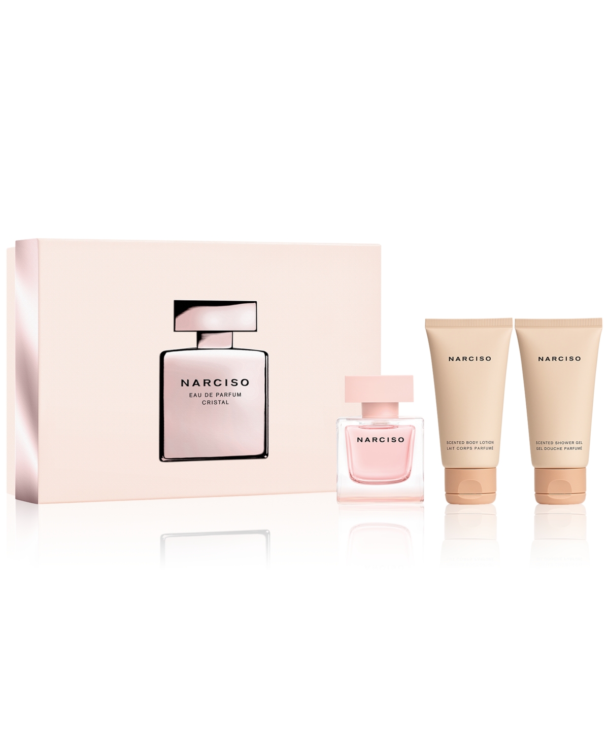 Elegant pink gift box containing a bottle of Narciso Rodriguez perfume and two matching body products, all featuring minimalist design and the brand name prominently displayed.