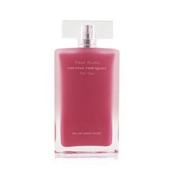 A clear glass bottle with a pink gradient, featuring a square silver cap and labeled "fleur musc narciso rodriguez for her eau de toilette" in elegant font.