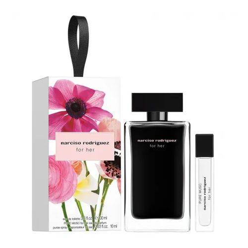 Black rectangular bottle of "Narciso Rodriguez for Her" perfume, accompanied by a small vial of "Pure Musc," both presented in a floral-themed box with a black ribbon.
