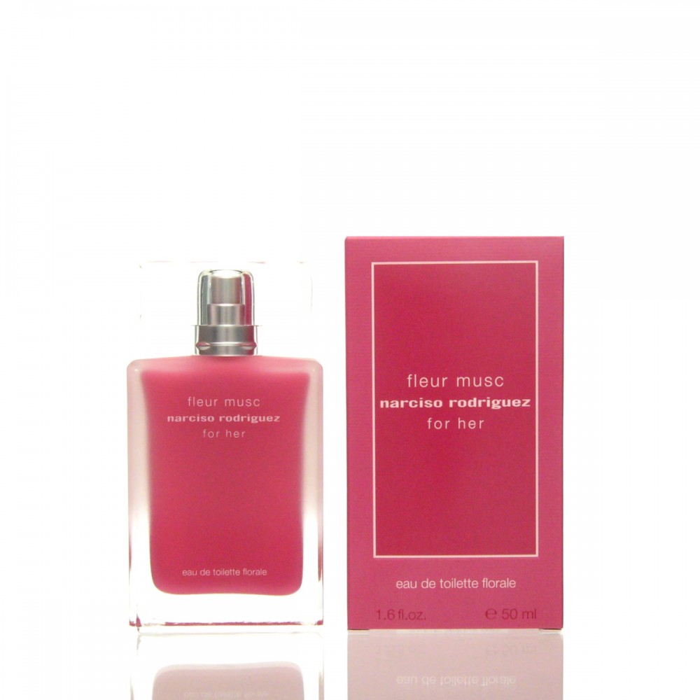 Clear glass bottle with a pink floral fragrance, featuring a silver cap, next to a matching pink box labeled "Fleur Musc Narciso Rodriguez for her" in white text.