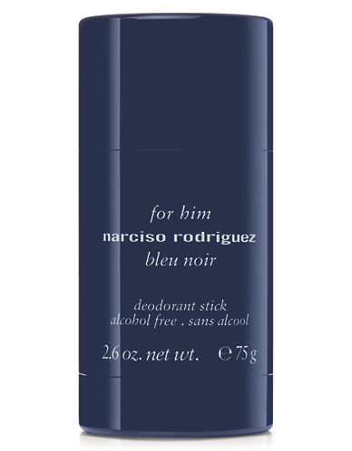 Dark blue cylindrical deodorant stick with a smooth finish, labeled "Narciso Rodriguez Bleu Noir" in white text, alcohol-free, 2.5 oz, designed for men.