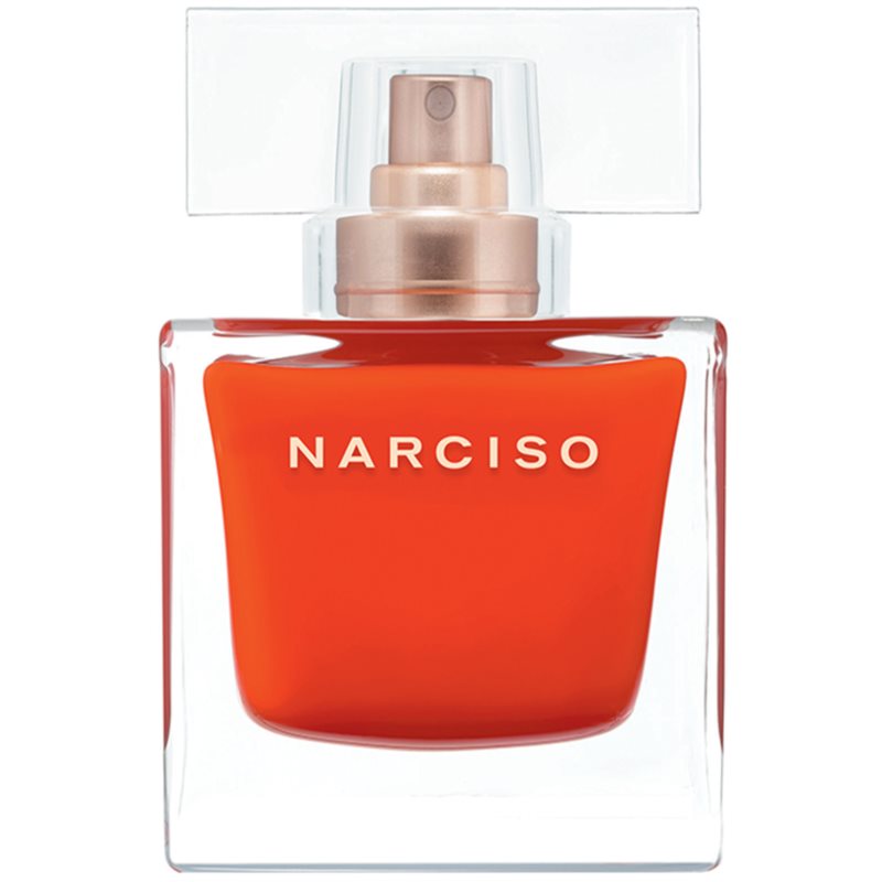 Clear glass bottle with a bold red-orange fragrance, featuring a sleek design and a transparent cap, prominently displays the name "NARCISO" in white lettering.