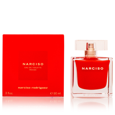 Red box with "NARCISO" in white text, alongside a clear glass bottle with a red liquid and a minimalist design, featuring a square shape and a simple spray nozzle.