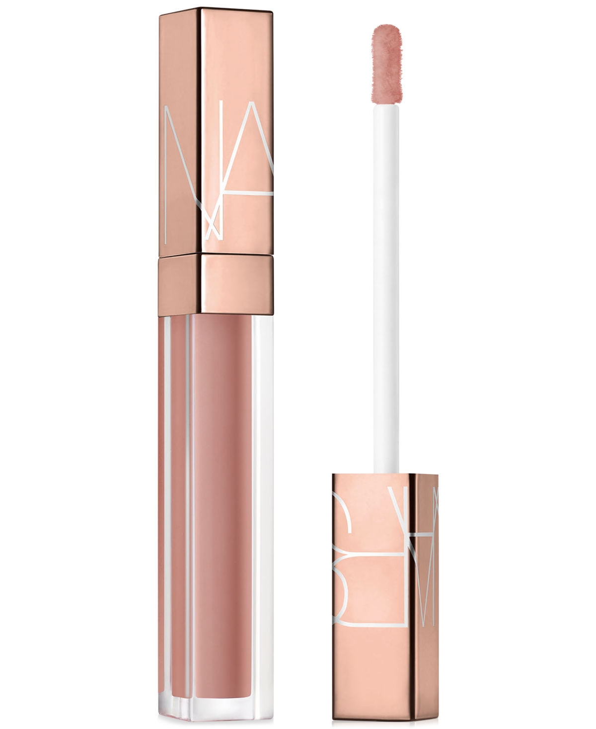 Nars Afterglow Lip Shine in Nympho features a sleek, reflective rose gold tube with a clear base, showcasing a soft nude pink gloss and a white applicator wand.