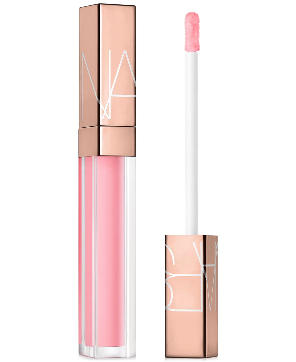 Nars Afterglow Lip Shine in Turkish Delight features a glossy, soft pink formula in a clear tube with a rose gold cap and a doe-foot applicator for easy application.