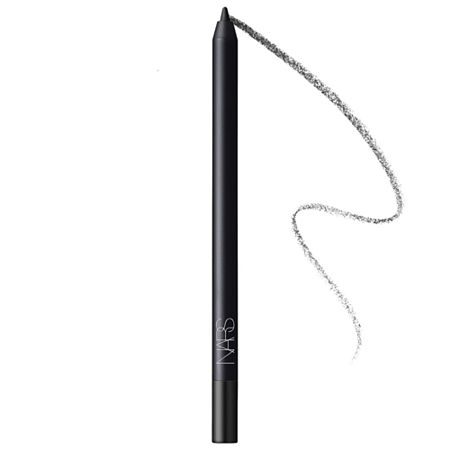 NARS High-Pigment Longwear Eyeliner in a sleek black pencil design, featuring a sharpened tip and a smooth, dark gray line trailing off to the side.