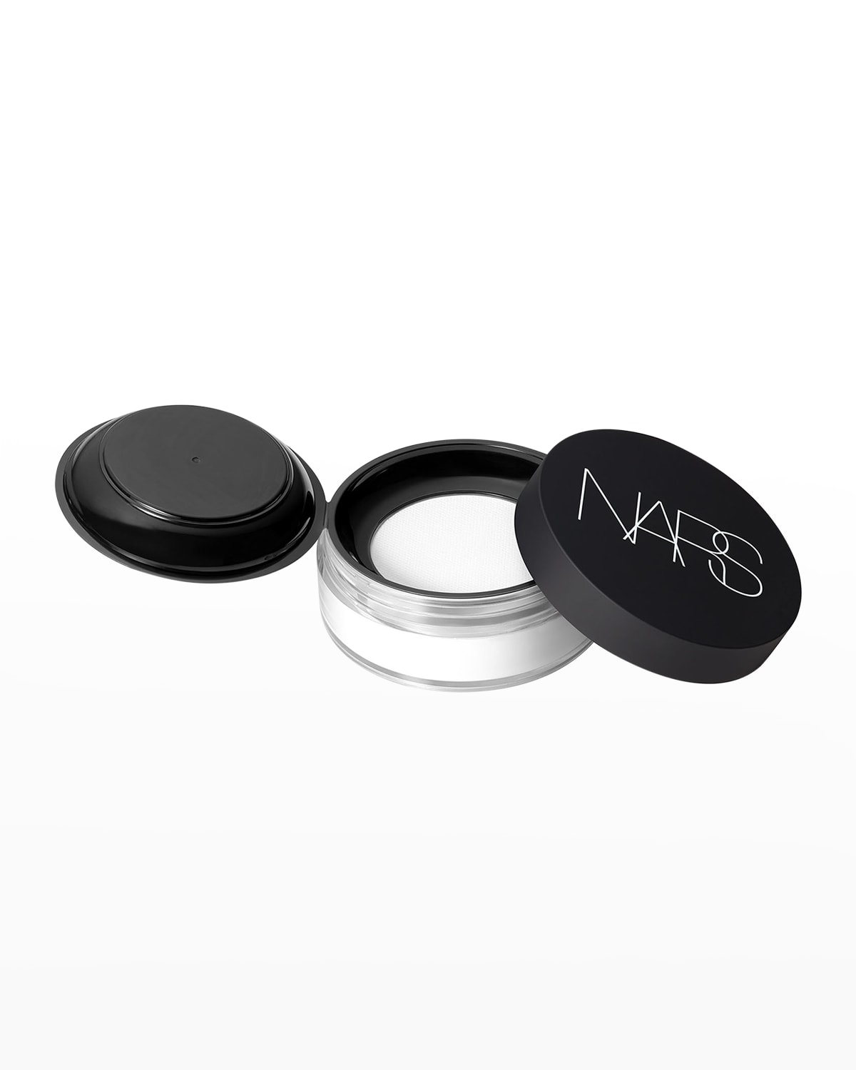 Clear, lightweight loose setting powder in a round, transparent container with a black lid featuring the NARS logo in white.
