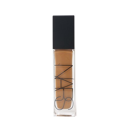 NARS Natural Radiant Longwear Foundation in a clear glass bottle with a square black cap, showcasing a medium beige liquid inside.