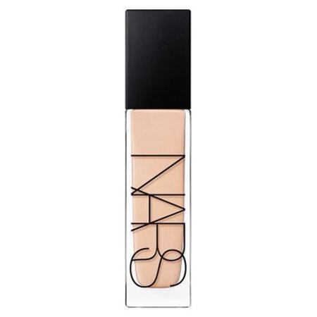 Nars Natural Radiant Longwear Foundation in Vanuatu, featuring a clear glass bottle with a black cap, showcases a light beige liquid foundation inside.
