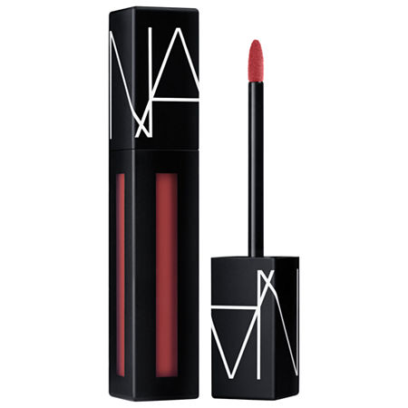 Nars Powermatte Pigment in "Walk This Way," featuring a sleek black tube with a clear window, a red matte liquid lipstick, and a precise applicator wand.