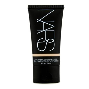 NARS Pure Radiant Tinted Moisturiser in a sleek black tube with white lettering, featuring SPF 30/PA+++ and available in various shades.