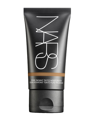 NARS Pure Radiant Tinted Moisturiser in Seychelles, a 50ml squeeze tube with a sleek black design, features white branding and a matte finish, ideal for a natural glow.