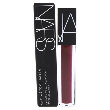NARS Velvet Lip Glide in Unspeakable, featuring a sleek clear tube with a black cap, contains a rich, deep berry shade, 5.7ml/0.2oz, elegantly packaged in a black box.
