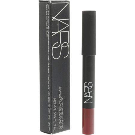 NARS Cosmetics lip product in a sleek black tube with a matte finish, accompanied by a black and silver box, featuring a deep red shade for a bold look.
