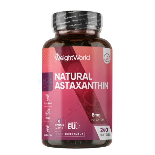 Natural Astaxanthin softgels in a dark brown bottle with a pink and white label, featuring "WeightWorld" branding and details about the product, including "8mg" and "240 Softgels."
