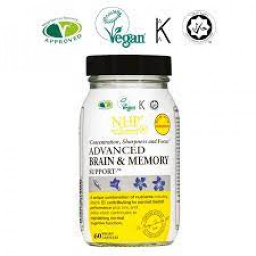 Clear plastic bottle with a black lid, labeled "Nhp Advanced Brain & Memory Capsules 60," featuring a white and yellow design with blue flower graphics and various certification logos.