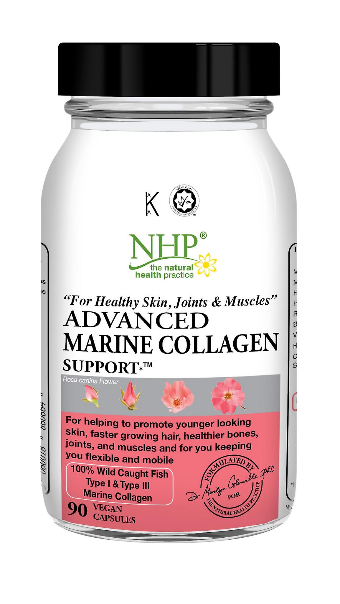 Clear bottle containing 90 vegan capsules labeled "NHP Advanced Marine Collagen Support," featuring pink floral graphics and a white cap, emphasizing skin and joint health.