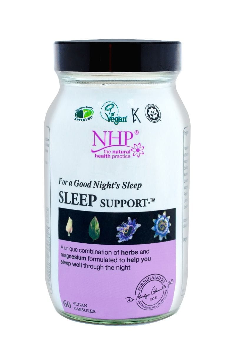 White jar with a green lid, labeled "NHP Sleep Support" in purple and green, containing 60 vegan capsules, featuring botanical illustrations and a note on natural ingredients.