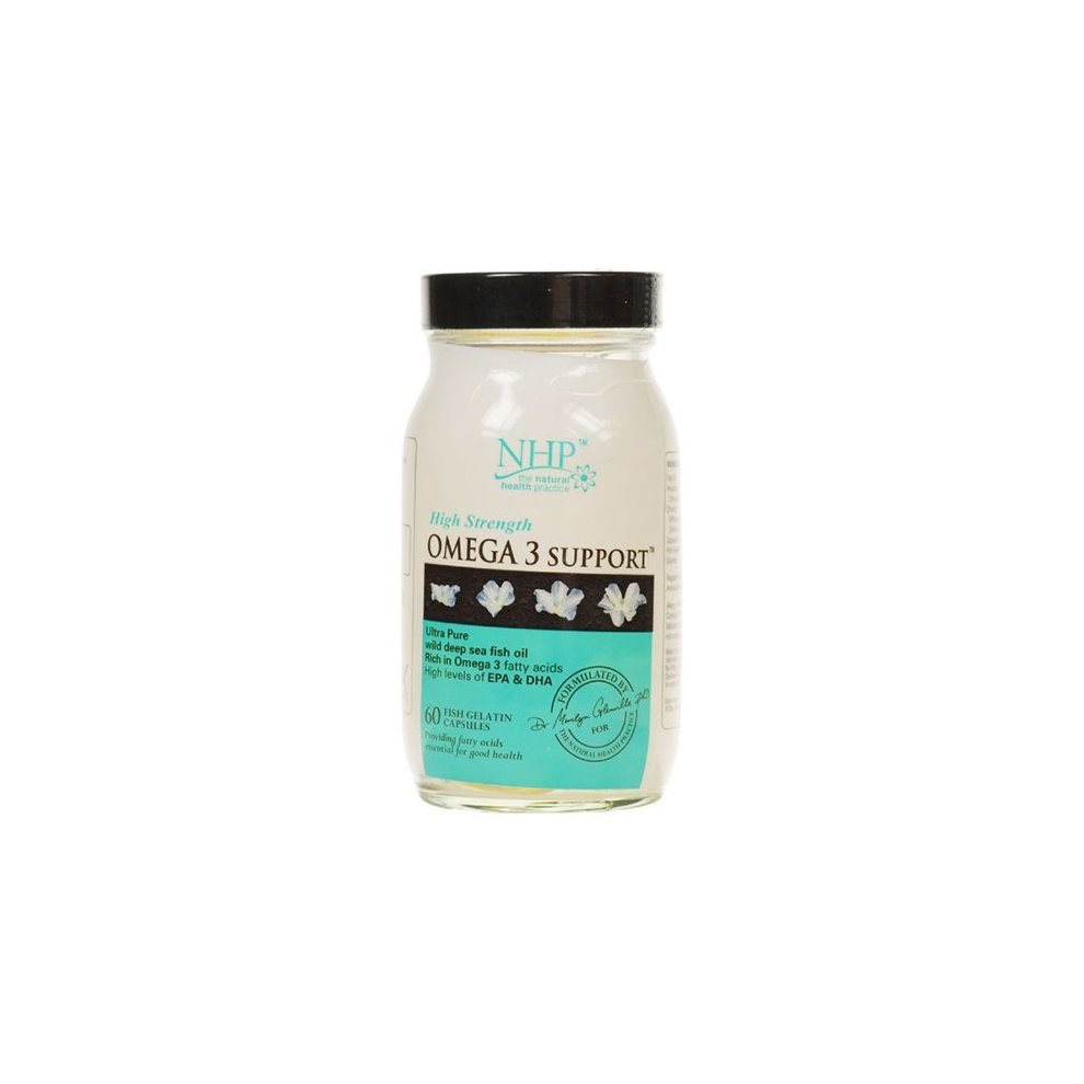 Clear bottle of NHP Omega 3 Capsules with a white lid, featuring a turquoise label that highlights "High Strength Omega 3 Support" and contains 60 softgel capsules.