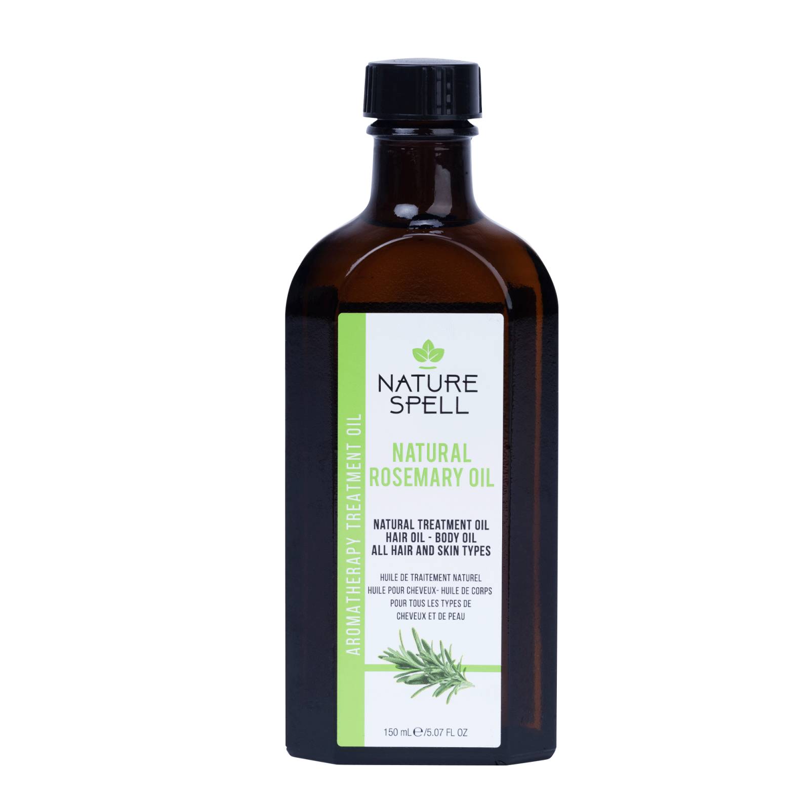 Brown glass bottle with a black cap, labeled "Nature Spell Natural Rosemary Oil" in green and white, 150ml, featuring rosemary leaves design and aromatherapy treatment details.