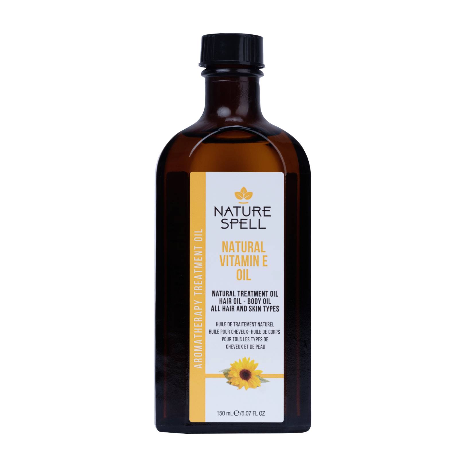 Clear glass bottle of Nature Spell Vitamin E Oil for hair and skin, featuring a dark brown cap, yellow and white label with product details, and a capacity of 150ml.