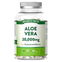 Clear plastic bottle with a green label, containing 60 white tablets, labeled "Nature's Truth Aloe Vera 20,000mg" with a focus on concentrated extract benefits.
